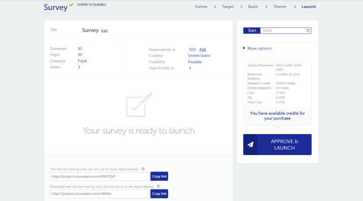 Approve and Launch Your Custom Survey in Toluna Start