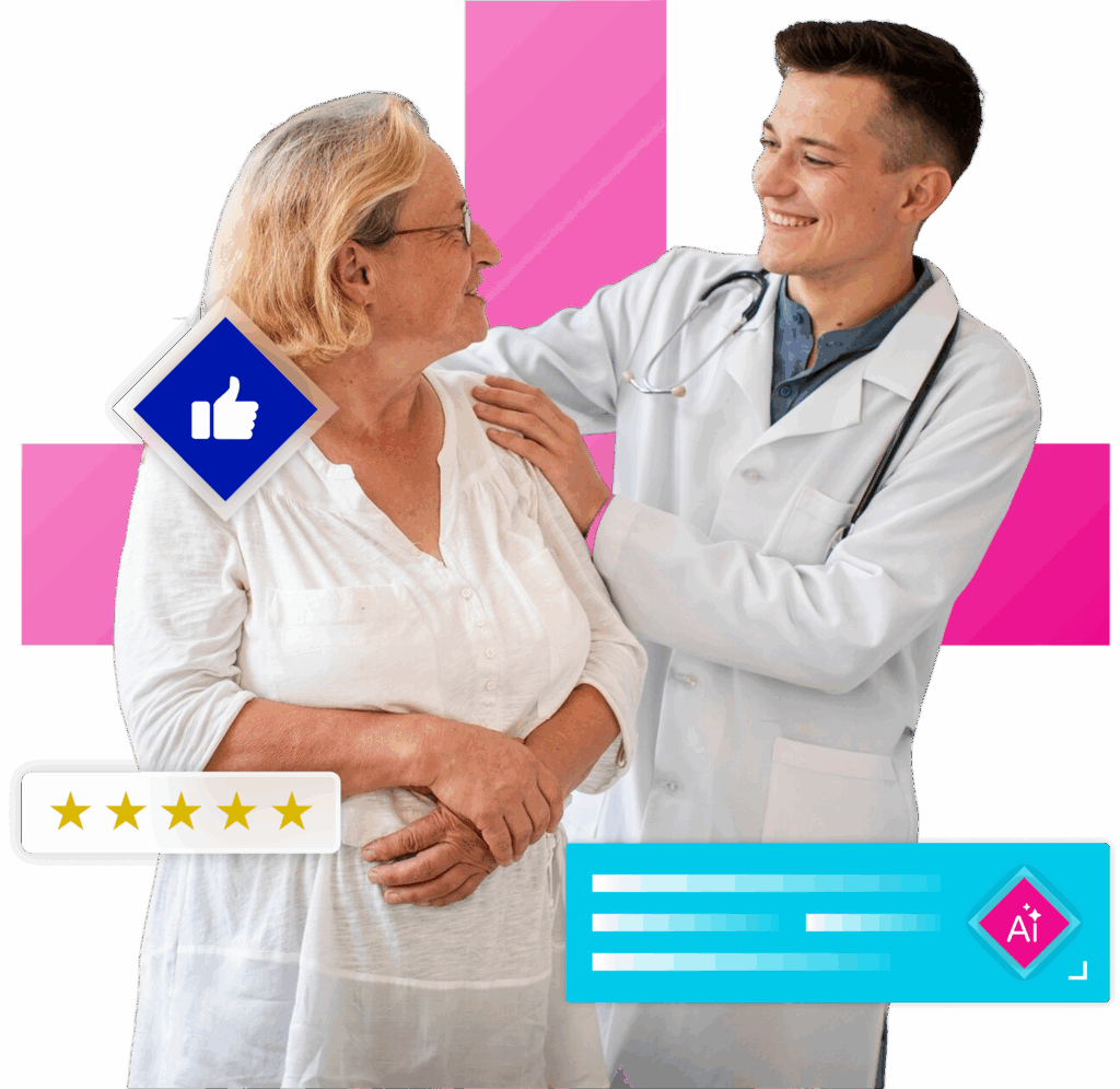 Healthcare professional with elderly patient and GenAI icons, reflecting healthcare professionals’ attitudes toward generative AI adoption, patient care, and trust.