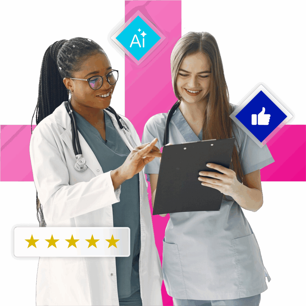 Two healthcare professionals discuss the trust and risk of GenAI adoption in the healthcare industry