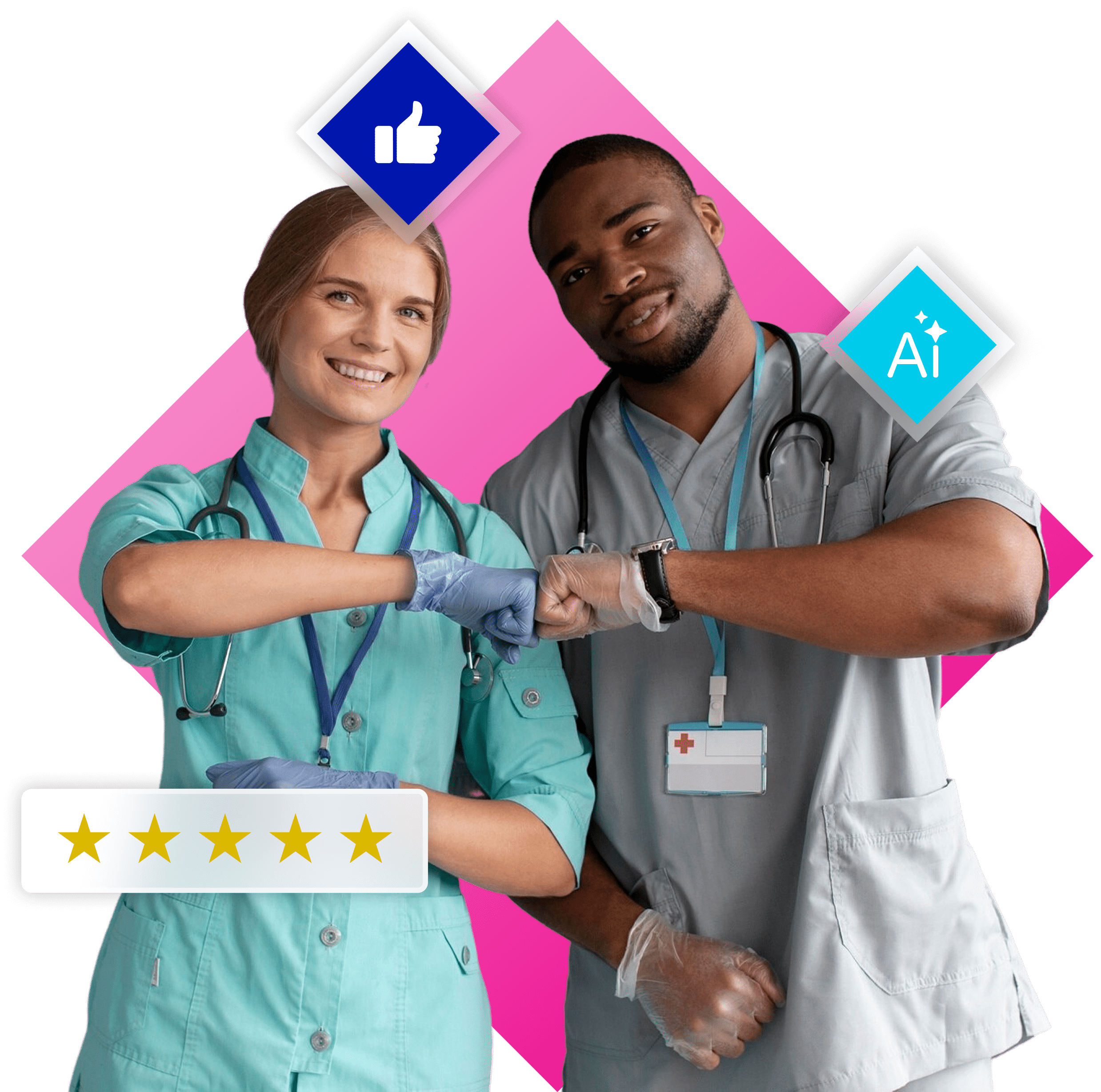 wo healthcare professionals standing together in support of the GenAI Oath, symbolizing physician commitment to ethical and responsible use of generative AI in healthcare.