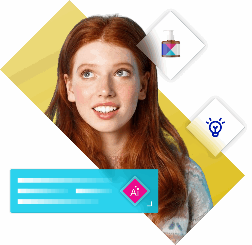 Woman surrounded by AI and market research icons, highlighting Toluna's recognition as one of the top 50 innovative provider by GRIT report