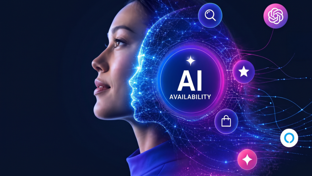 Futuristic AI woman portrait surrounded by digital icons representing personal AI agents and consumer preferences