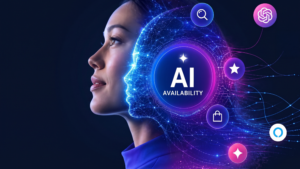 Futuristic AI woman portrait surrounded by digital icons representing personal AI agents and consumer preferences