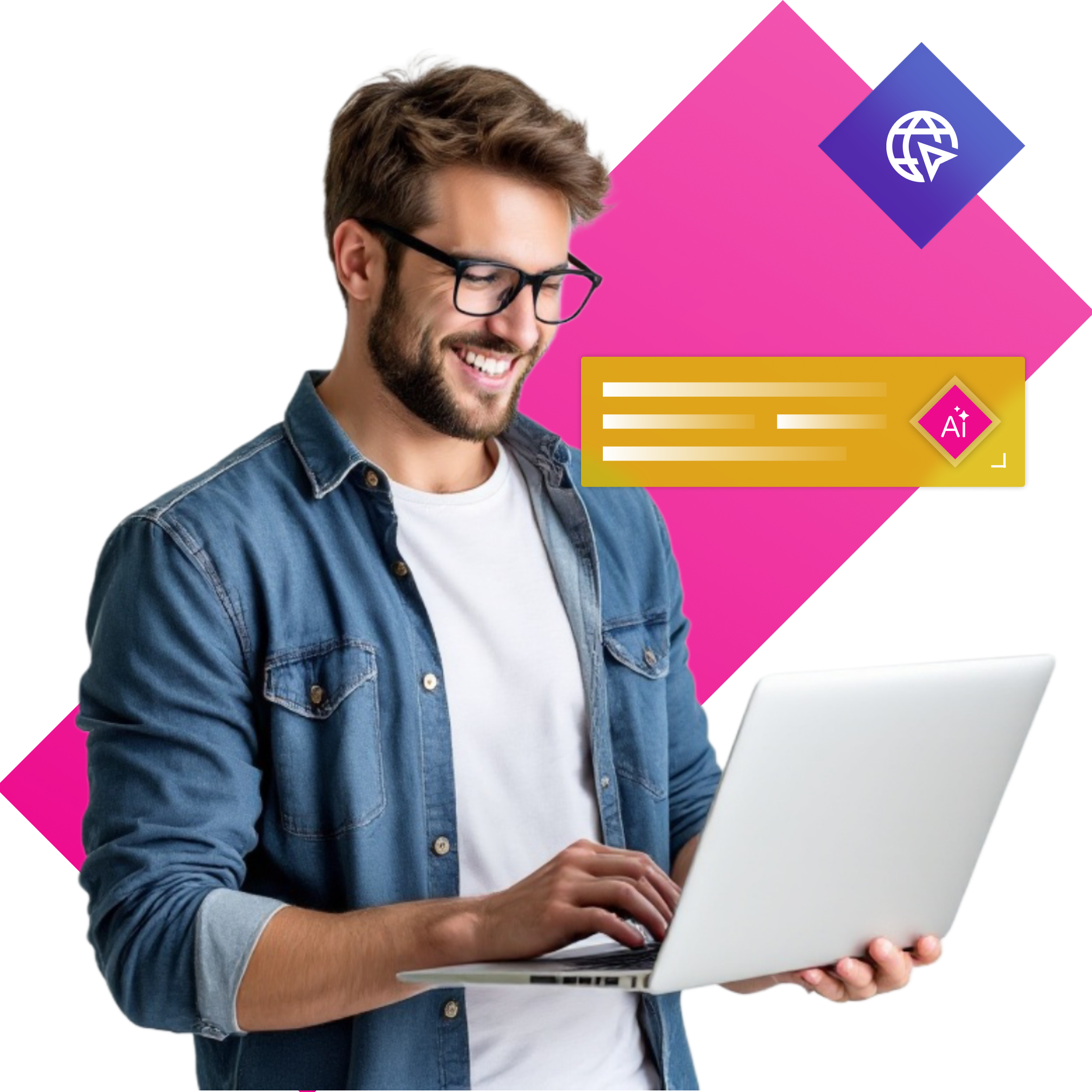 Man using a laptop featuring AI and large language model visuals, symbolizing how brands must be identifiable, understandable, and retrievable in AI systems