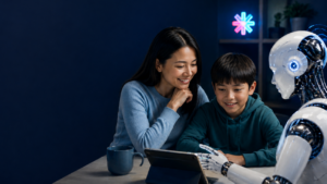 Mother and child viewing a smartphone with an AI assistant image illustrating AI financial education