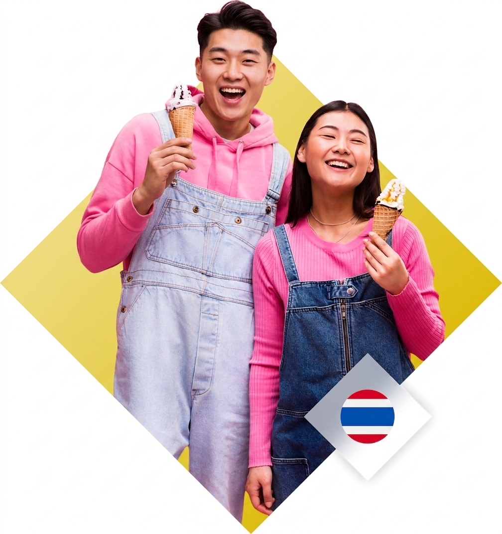 Two young Thai consumers enjoying ice cream, representing affordable treats and small everyday joys amid rising cost-of-living pressures in Thailand.