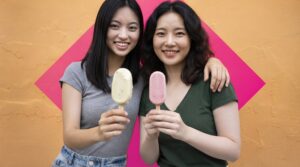 Two young consumers enjoying ice cream together, illustrating how affordable indulgences can offer moments of joy as Thai shoppers adapt their spending habits.