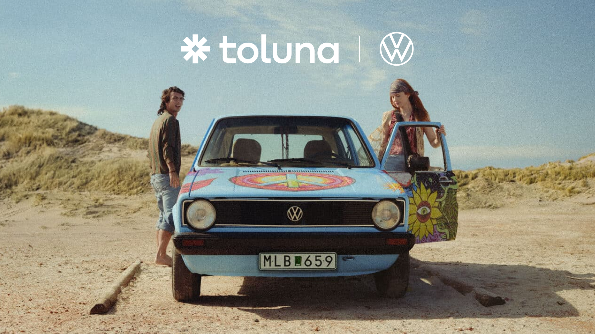 Volkswagen and Toluna case study thumbnail showing a woman and man standing beside a Volkswagen car, with Toluna and Volkswagen logos, highlighting creative pre-test ad testing, emotional impact, and synthetic personas.