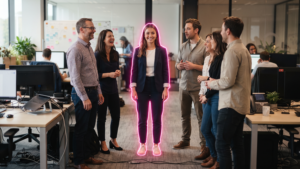Blog thumbnail showing colleagues in an office with one person highlighted in pink, representing Toluna Synthetic Personas and the research exploring whether AI can evaluate advertising in line with human experts.