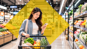 Woman using her smartphone while shopping in a supermarket, illustrating consumer shopping behavior in Asian markets.