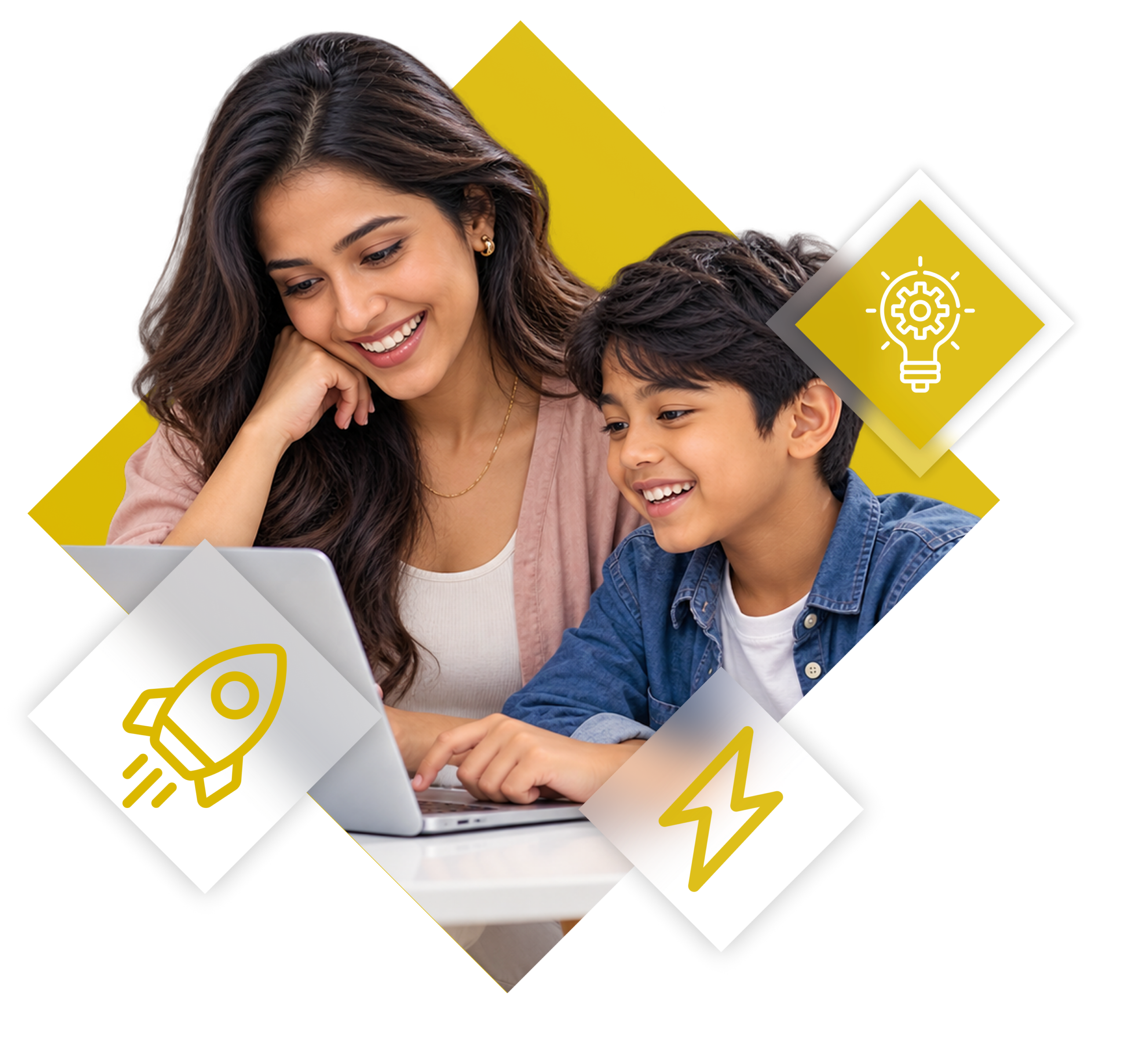 Mother and son looking at a laptop together, illustrating how children can influence family product discovery and purchase decisions.